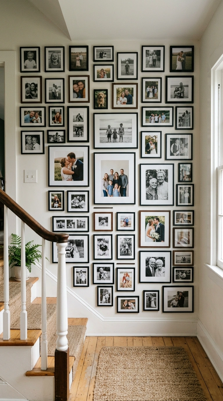 19 Stair Landing Decor Ideas to Make the Most of Your Space 12 011 Framed Family Photos A stair landing wall filled w