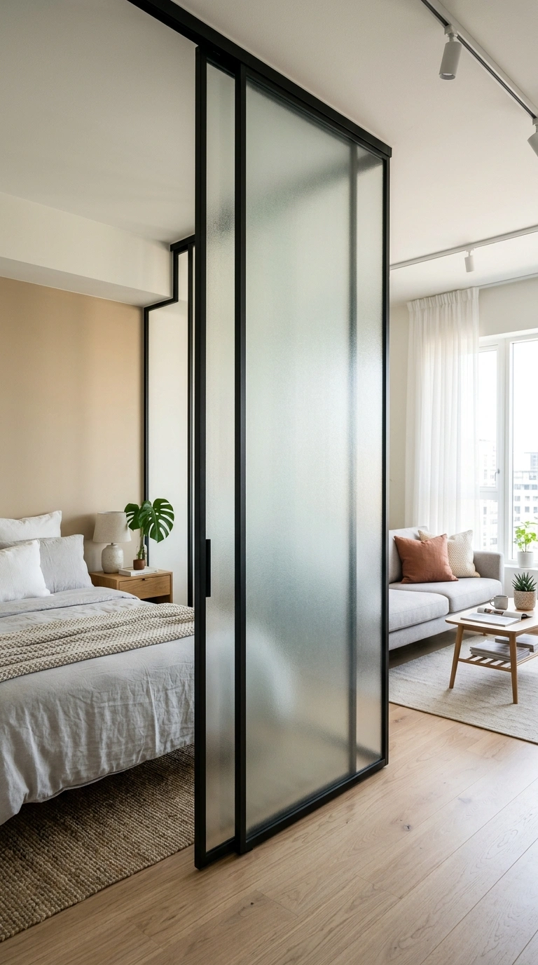 21 Smart Bedroom Divider Ideas for Stylish Studio Apartments 12 011 Glass Partition Wall A frosted glass partition in