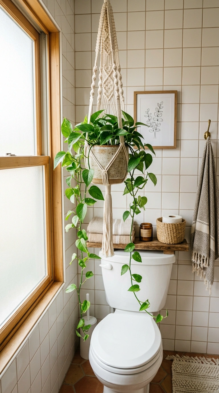 011 Hanging Macrame Plant A bathroom with a macrame pl