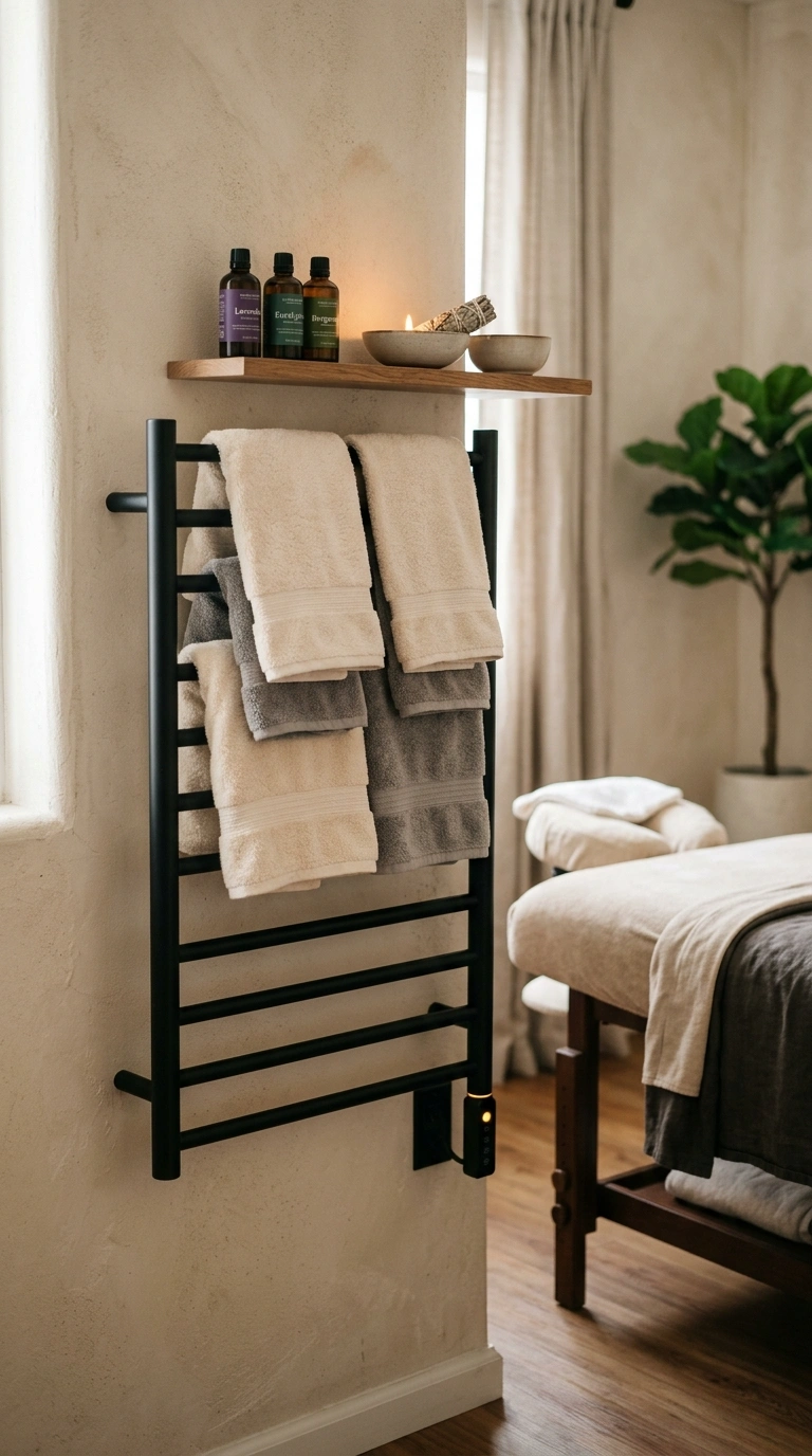 24 Dreamy Massage Room Ideas for Your Own Home Spa 12 011 Heated Towel Rack A matte black heated towel rack