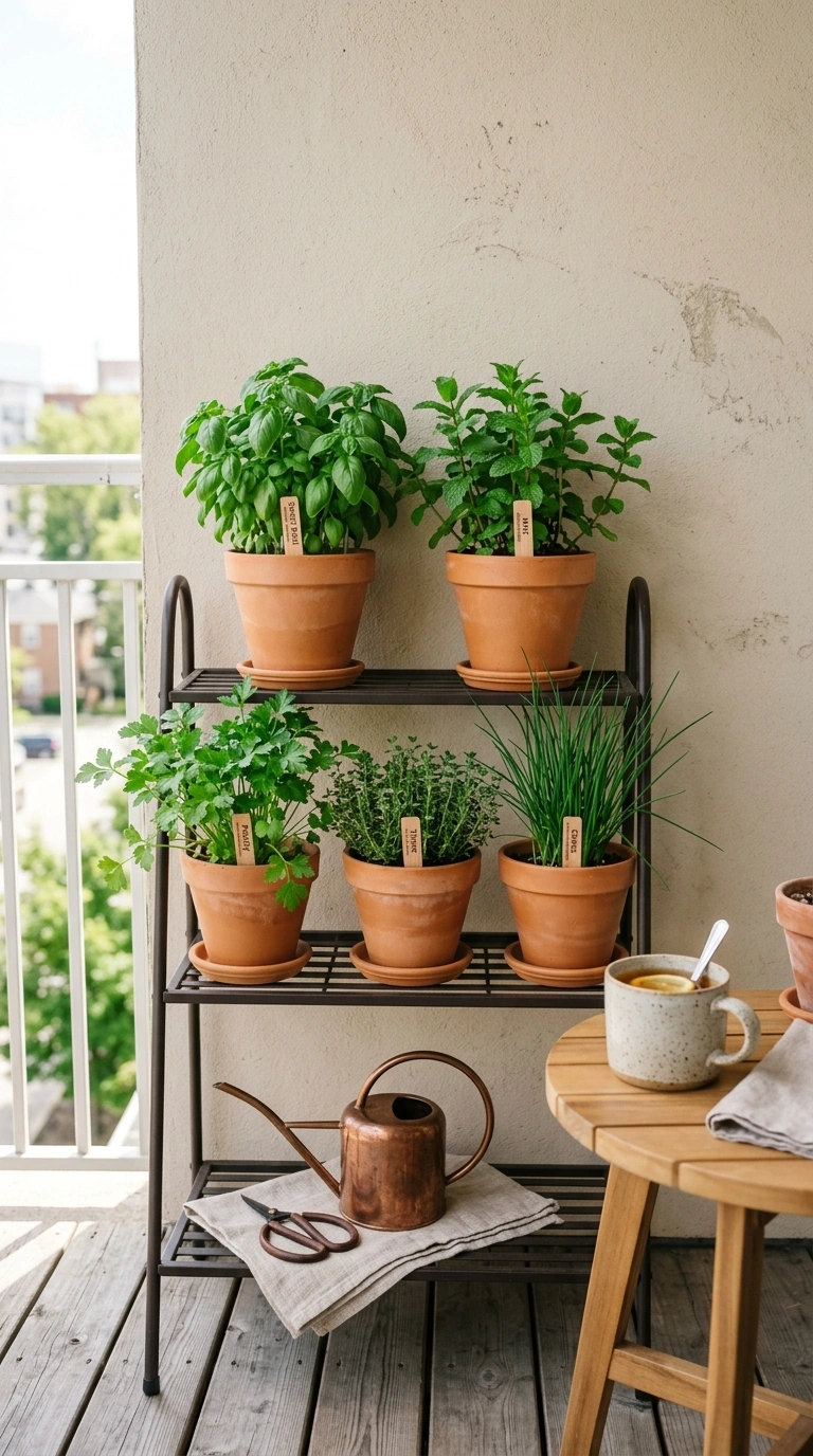 011 Kitchen Herb Shelf A three tier plant stand agains