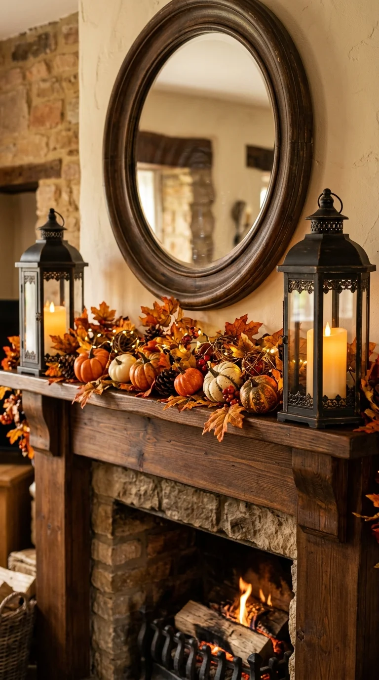 011 Lantern Pair Anchors A fireplace mantel with a mat
