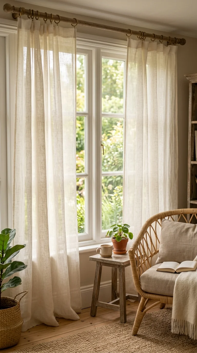 18 Sunroom Ideas for a Bright and Cozy Retreat 12 011 Linen Curtain Panels A sunroom window with sheer i