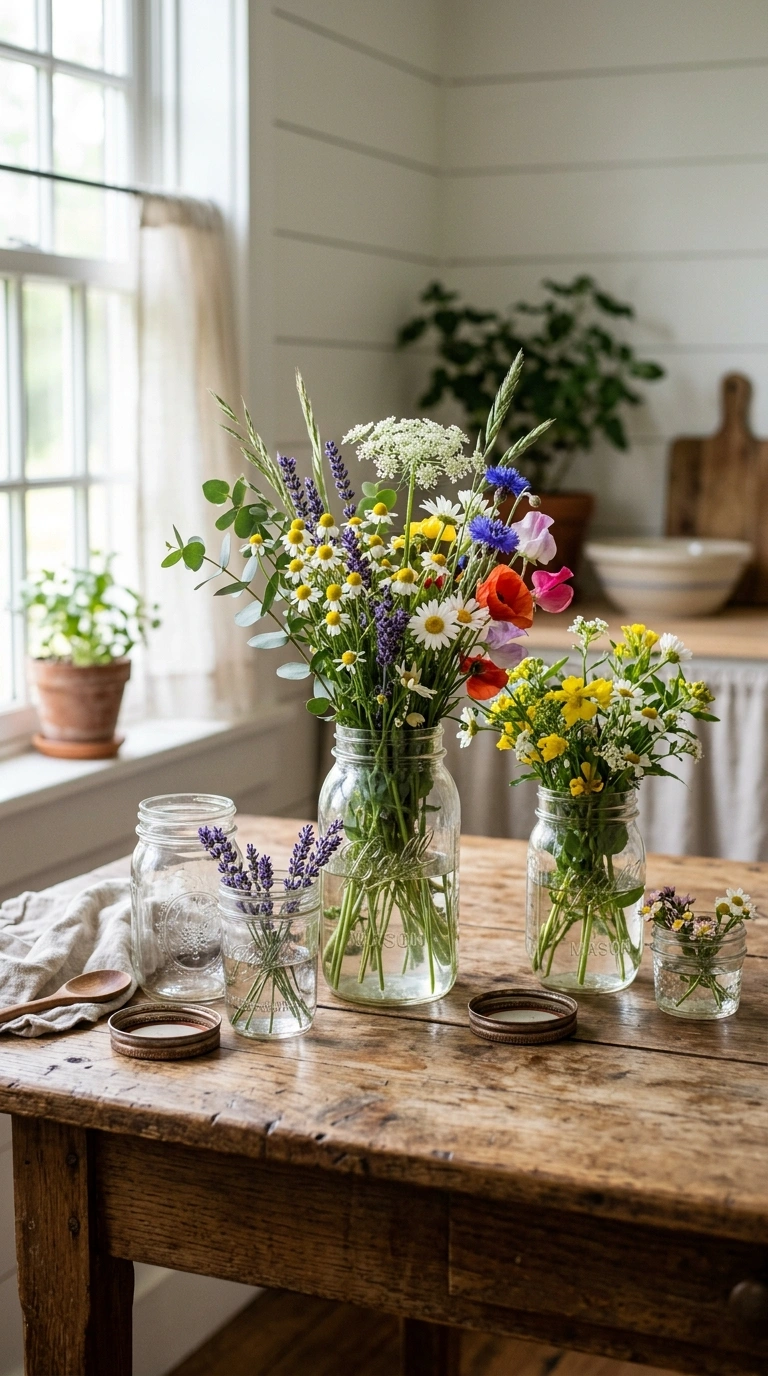 011 Mason Jar Decor A farmhouse kitchen table with a c