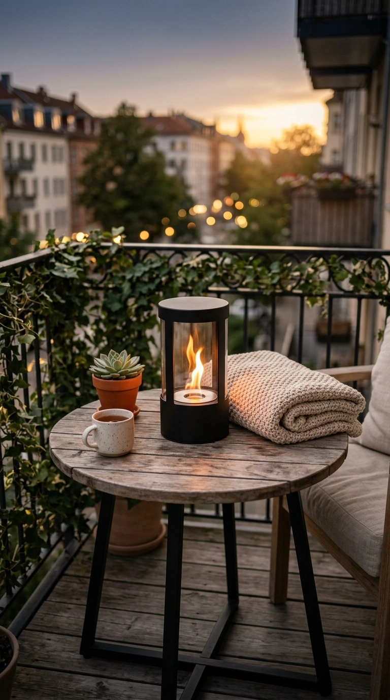 011 Mini Fire Lantern A small balcony table with a mat