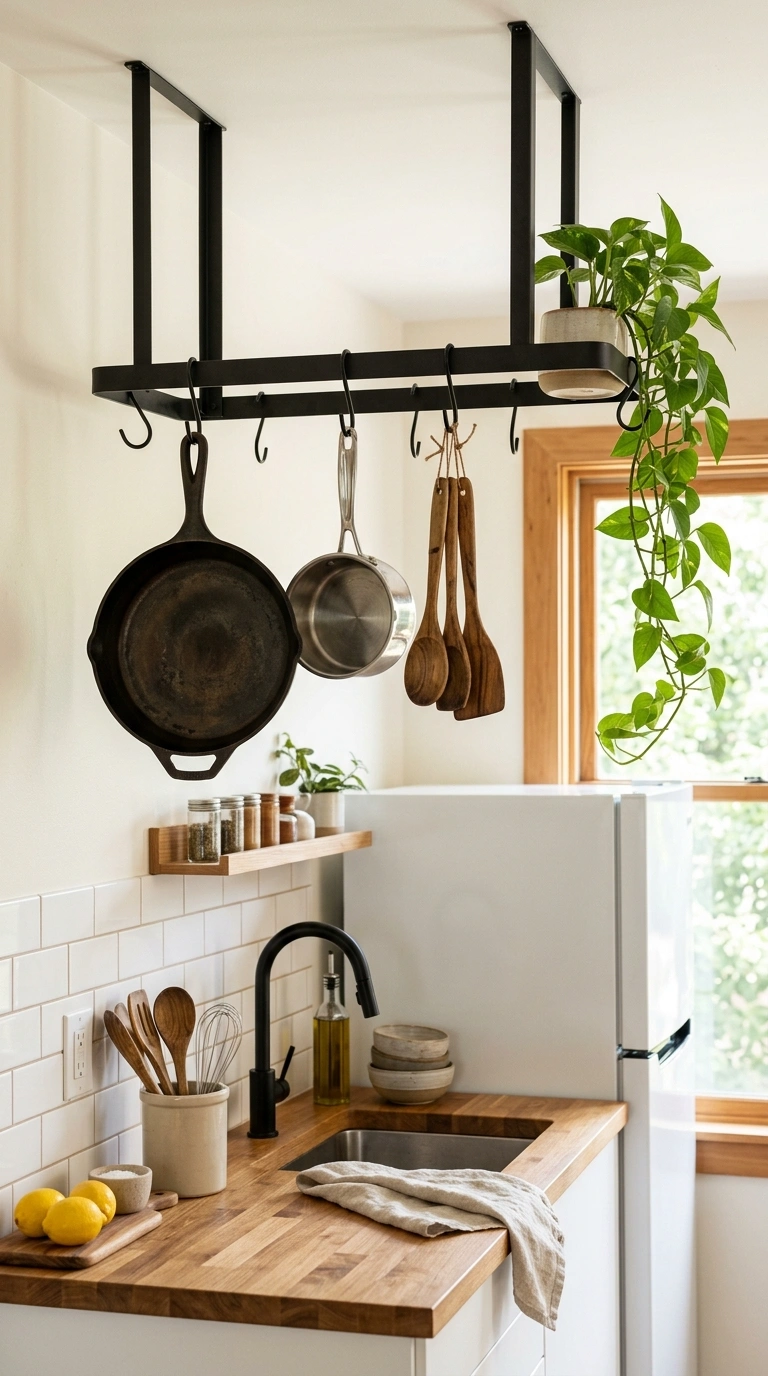 011 Overhead Pot Rack A matte black pot rack mounted a