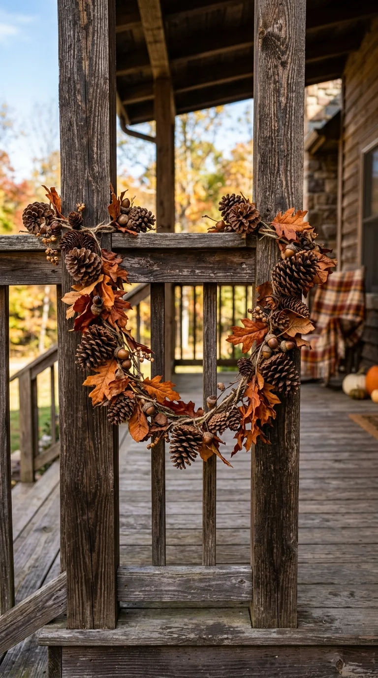 011 Pinecone Garland Railing A porch railing draped wi