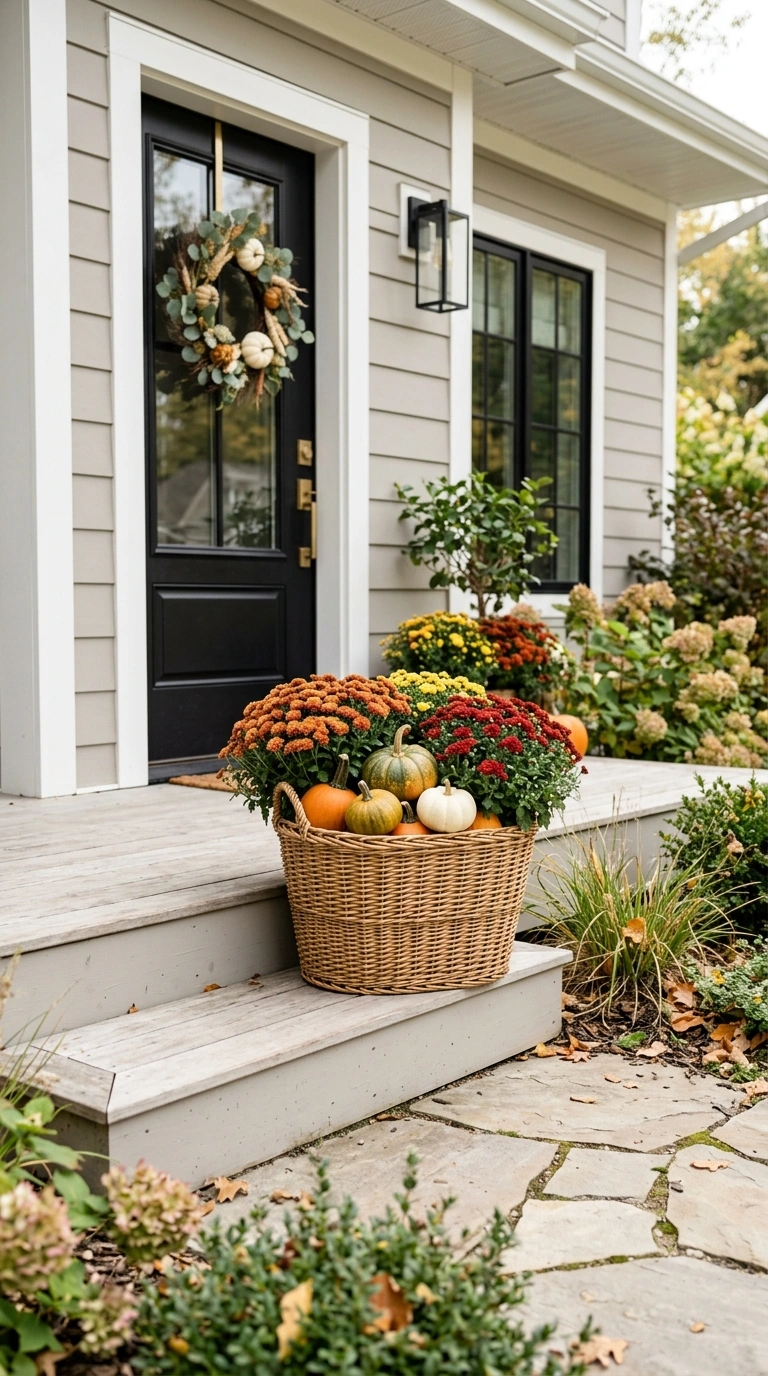 16 Beautiful Fall Basket Ideas to Add Seasonal Charm 12 011 Porch Step Basket A front porch step with a sturdy
