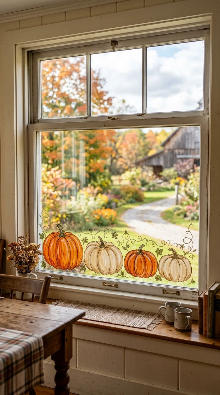 22 Halloween Window Painting Ideas to Make Your Home Stand Out 12 011 Pumpkin Patch Row A wide dining room window painte Copy