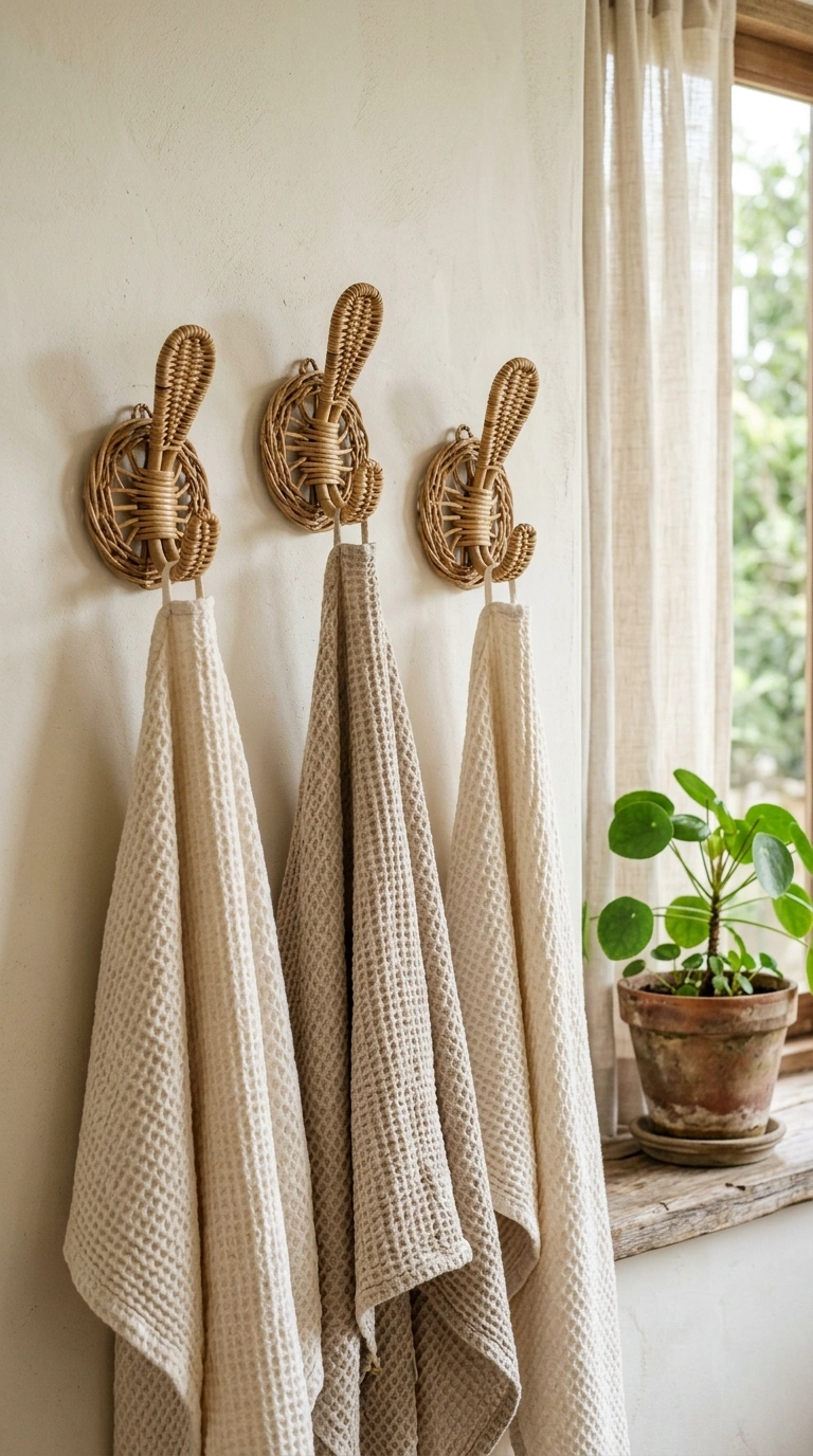 011 Rattan Wall Hooks Three woven rattan hooks mounted
