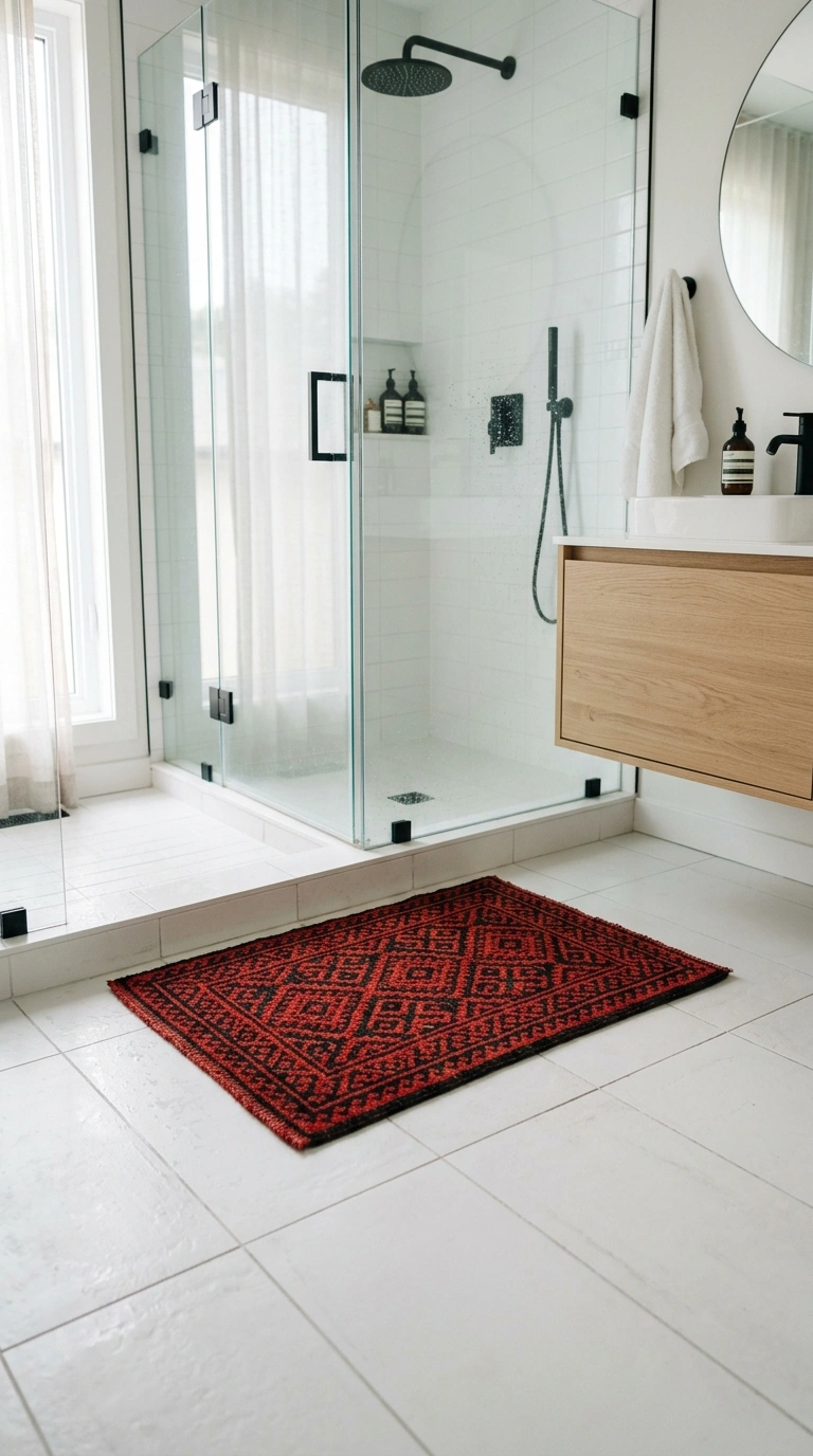 21 Bathroom Wall Decor Ideas for Black, Red & Chrome Themes + Smart Shower Storage 12 011 Red Patterned Rug A small red and black geometric