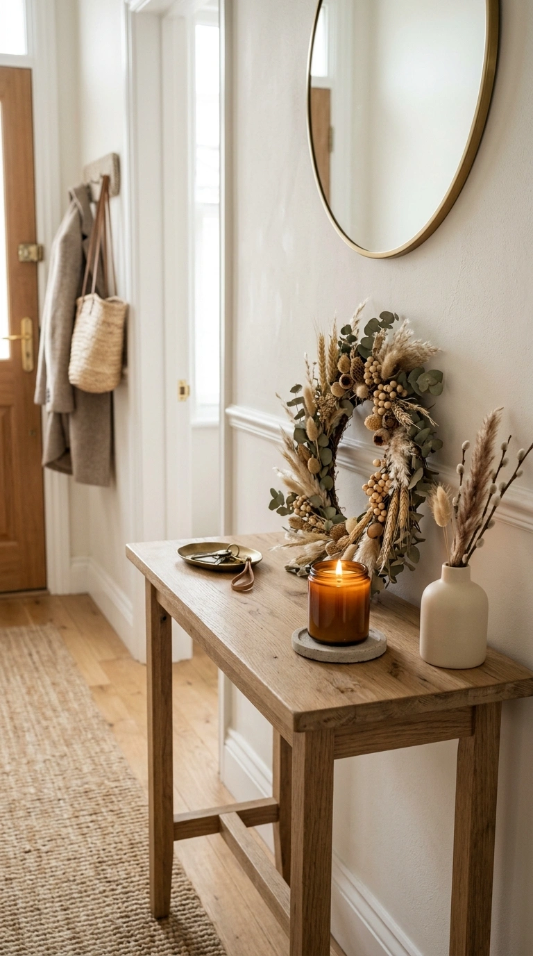 011 Seasonal Wreath Accent An entryway table with a sm