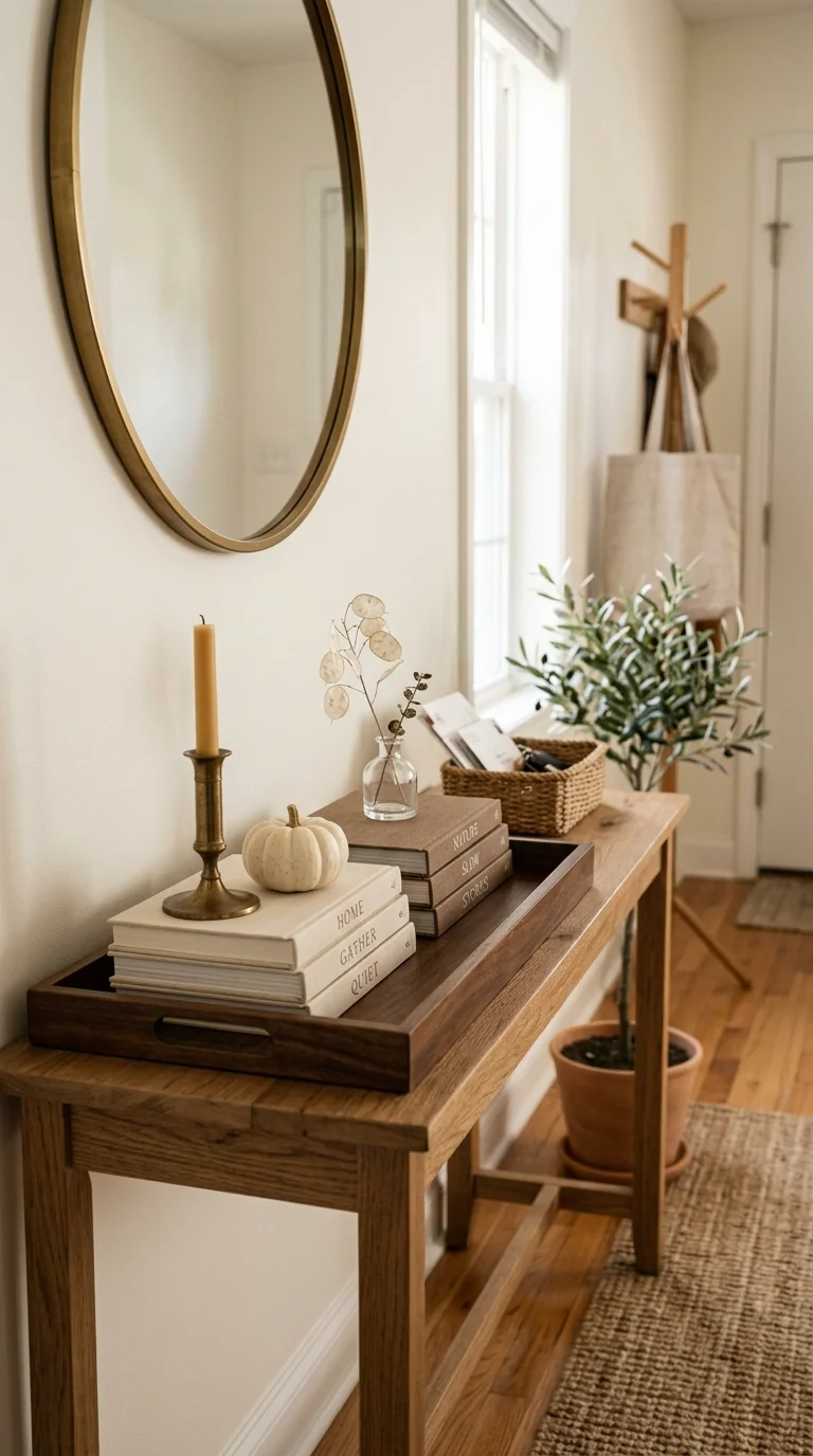 011 Stacked Books Tray A tray on an entryway table wit