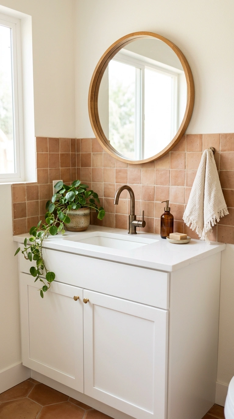 24 Bathroom Backsplash Ideas For Every Budget And Style 12 011 Terracotta Tile Splash A white bathroom vanity wit