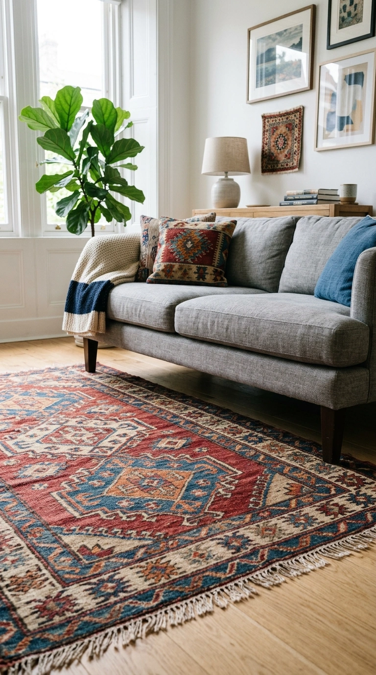 011 Vintage Kilim Rug A grey fabric couch with its fro
