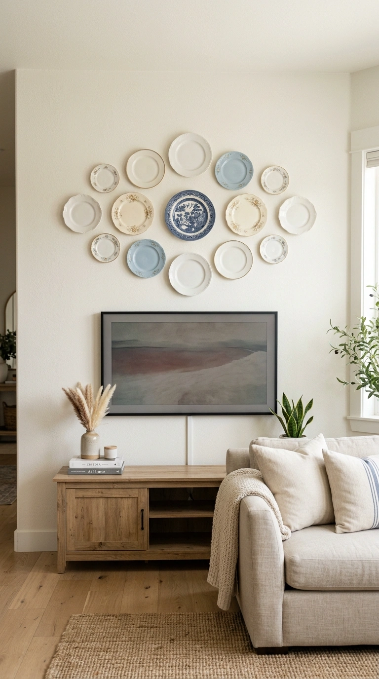 011 Vintage Plate Display A loose oval group of white