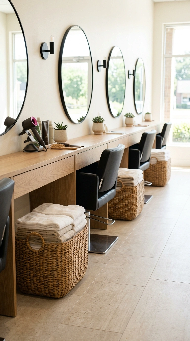 22 Stunning Beauty Salon Interior Design Ideas on a Budget 12 011 Woven Basket Storage A row of salon styling statio