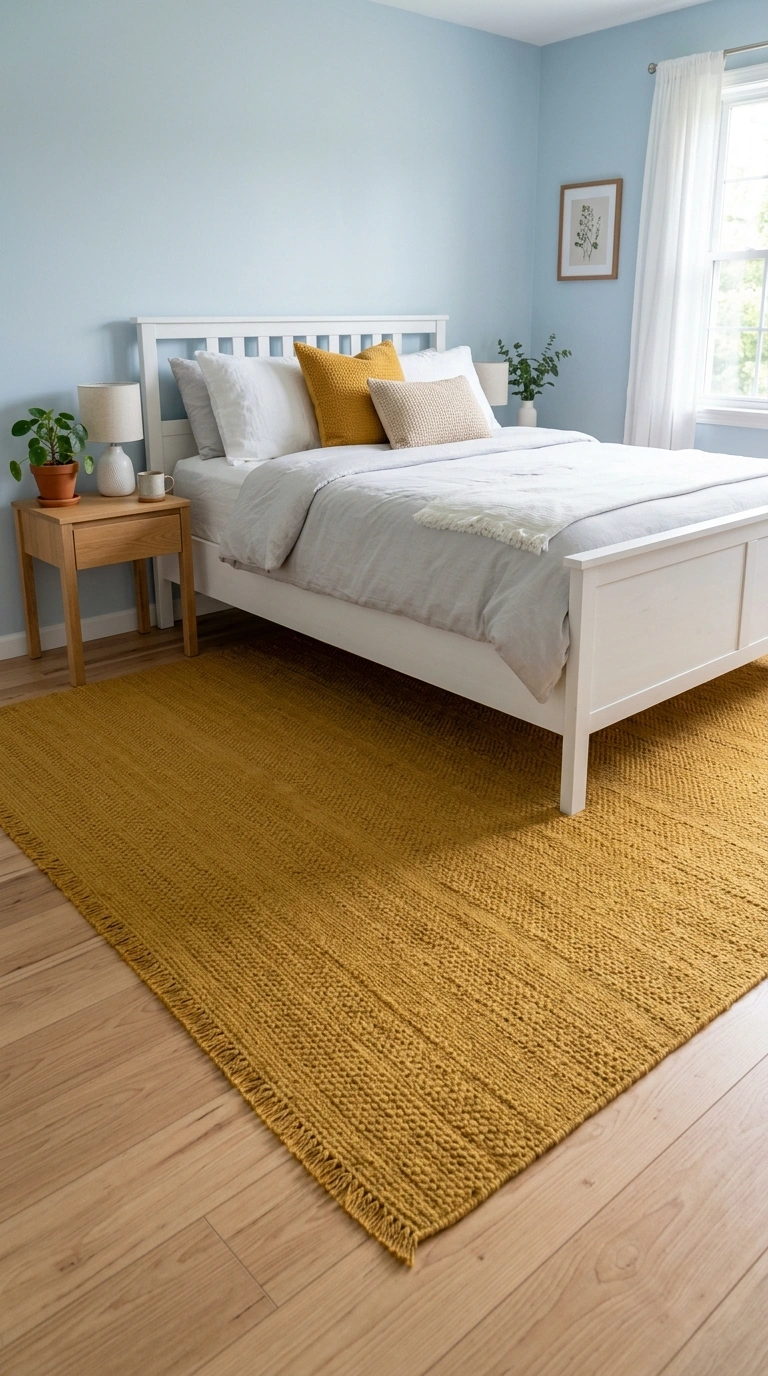 011 Yellow Area Rug A bedroom with light blue walls a