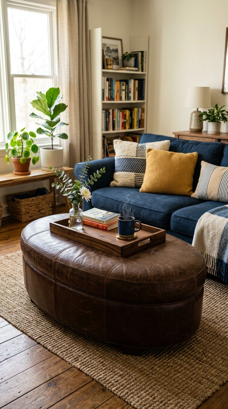 012 12 Brown Leather Ottoman A large oval brown leathe