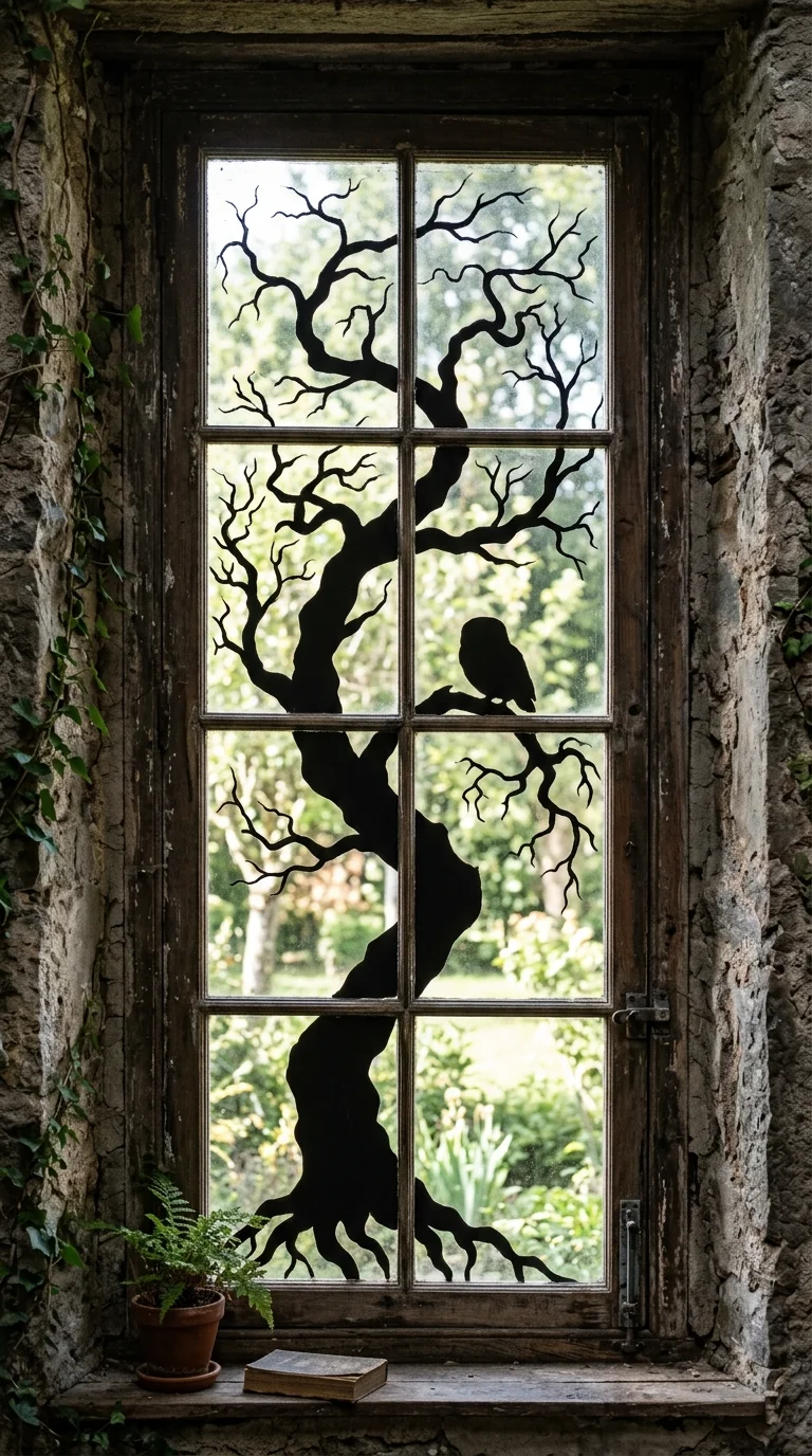 22 Halloween Window Painting Ideas to Make Your Home Stand Out 13 012 12Creepy Tree Silhouette A tall narrow window pain