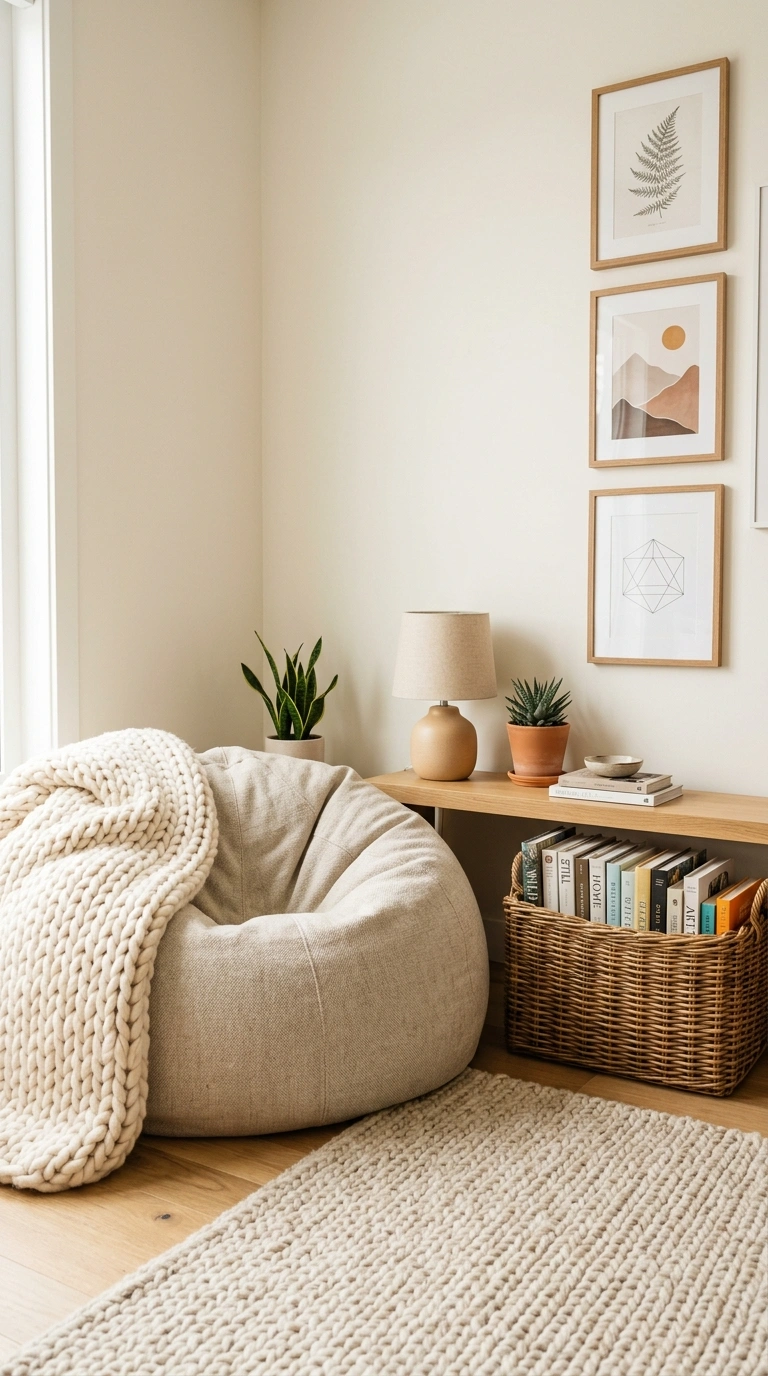23 Simple Reading Nook Ideas You Can Set Up Today 13 012 Beanbag and Basket Corner An oatmeal colored beanb