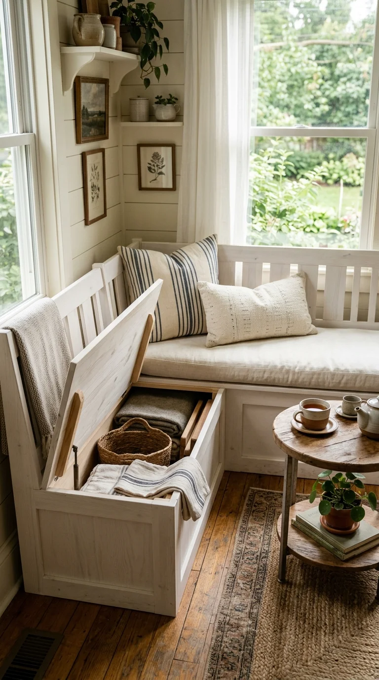 012 Bench Seat Storage A cozy kitchen nook with a wood