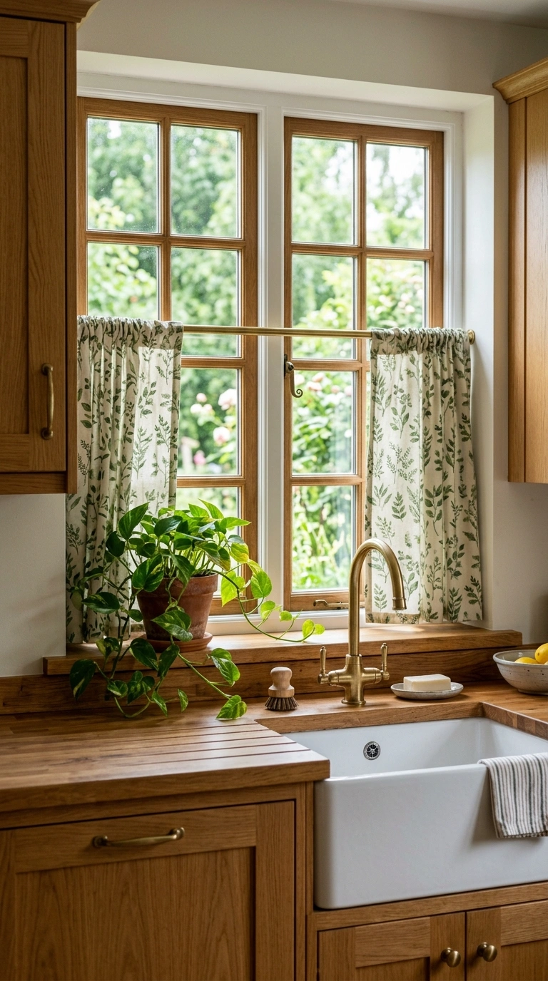 012 Botanical Leaf Print A kitchen sink window dressed