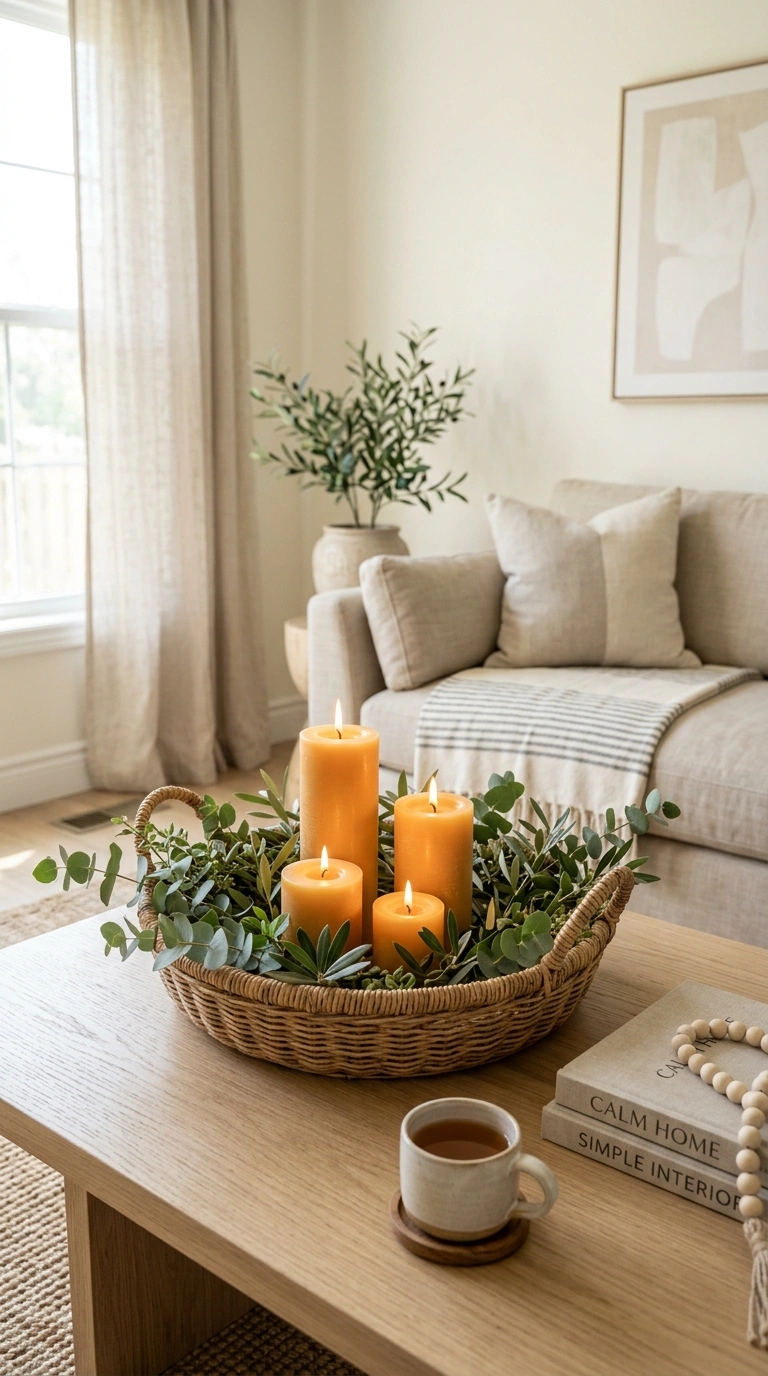16 Beautiful Fall Basket Ideas to Add Seasonal Charm 13 012 Candle Nested Basket A coffee table with a shallow