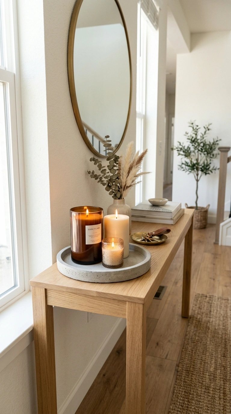 012 Candle Trio Display An entryway table with a group