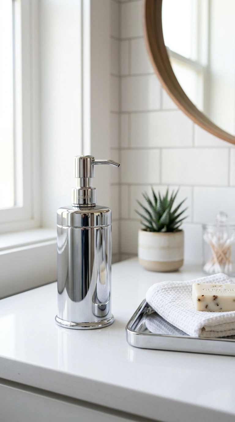 21 Bathroom Wall Decor Ideas for Black, Red & Chrome Themes + Smart Shower Storage 13 012 Chrome Soap Dispenser A polished chrome pump soap