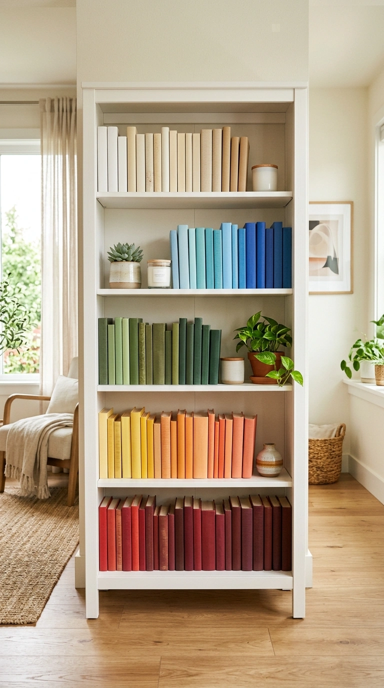 21 Small Home Library Ideas for Book Lovers 13 012 Color Sorted Shelves A white bookshelf with books