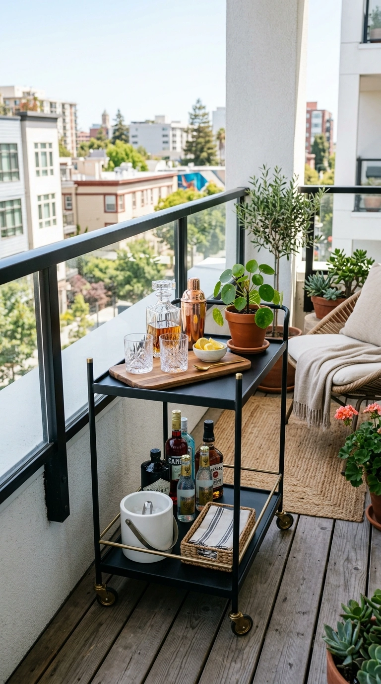 012 Compact Bar Cart A small balcony with a two tier m
