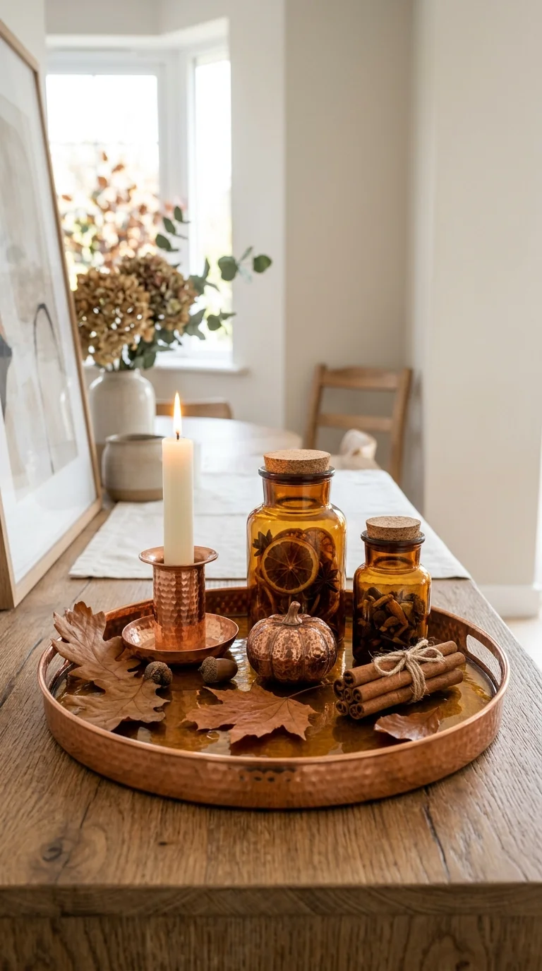 012 Copper and Amber Tray A tray on a dining buffet wi