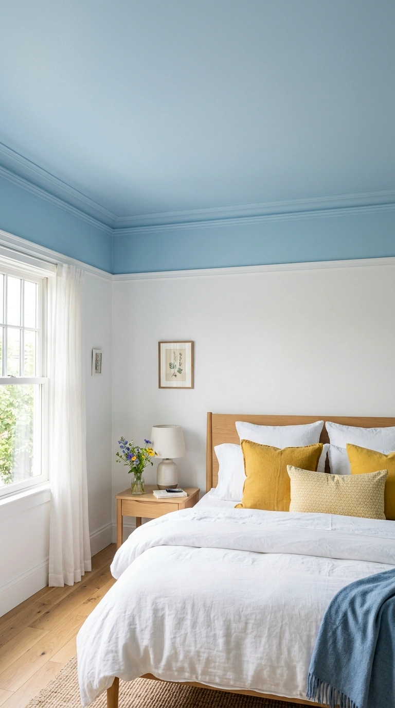012 Painted Ceiling Blue A bedroom viewed from a sligh