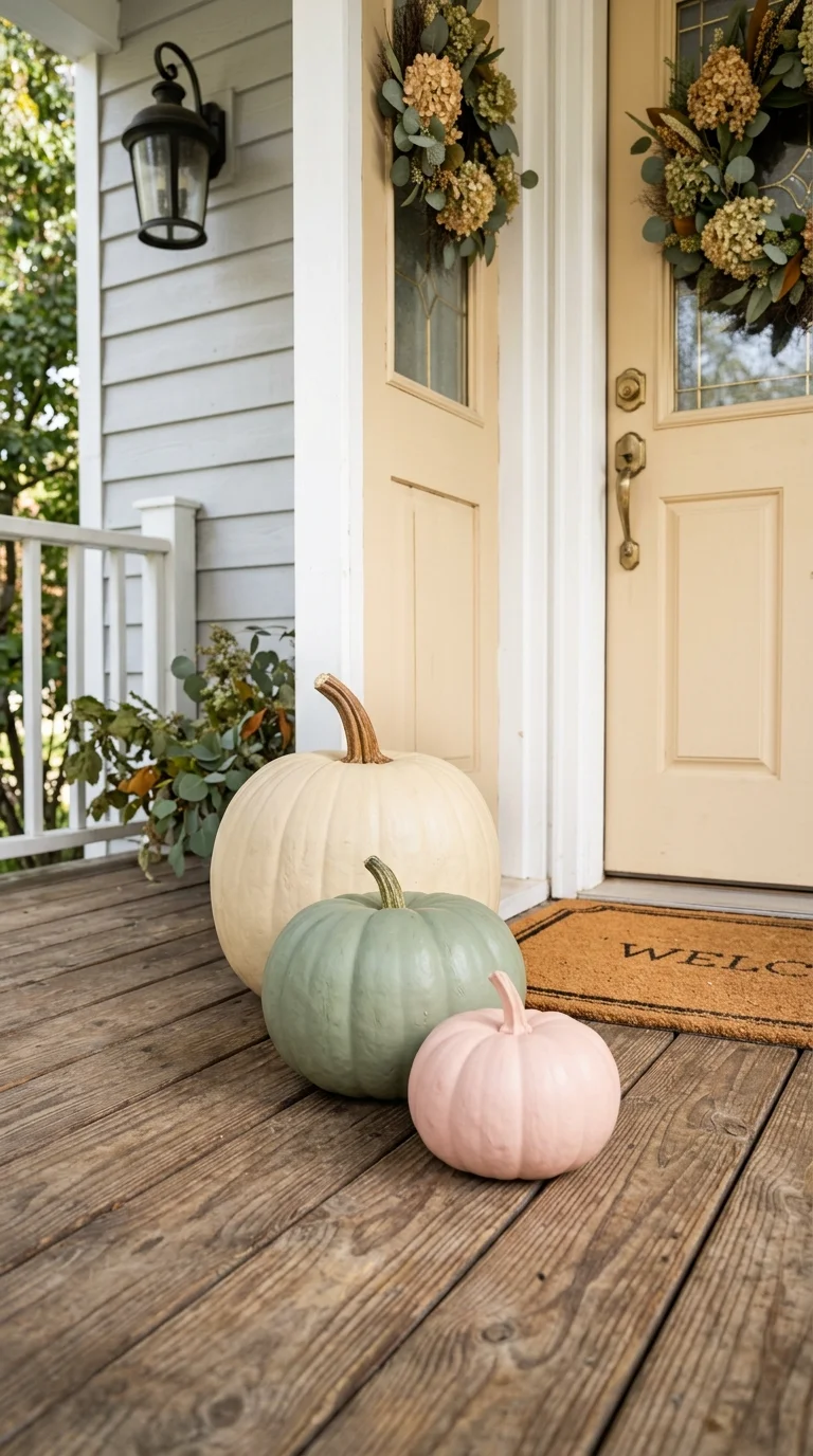 012 Painted Pumpkin Trio A front porch with three pump