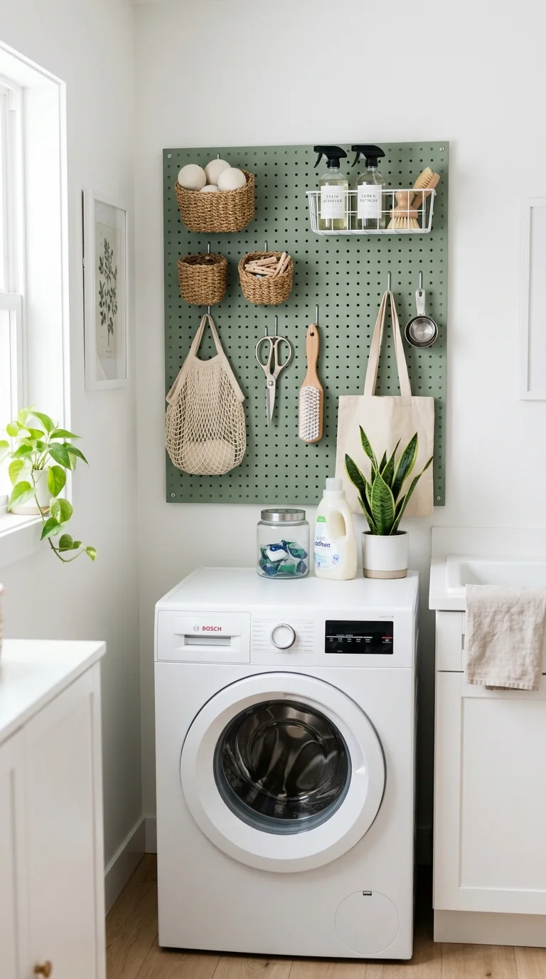012 Pegboard Wall Storage A white laundry room wall co