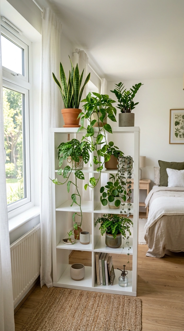 18 Genius IKEA KALLAX Bedroom Ideas That Transform Your Space 13 012 Plant Corner Shelf A Kallax unit near a bedroom wi