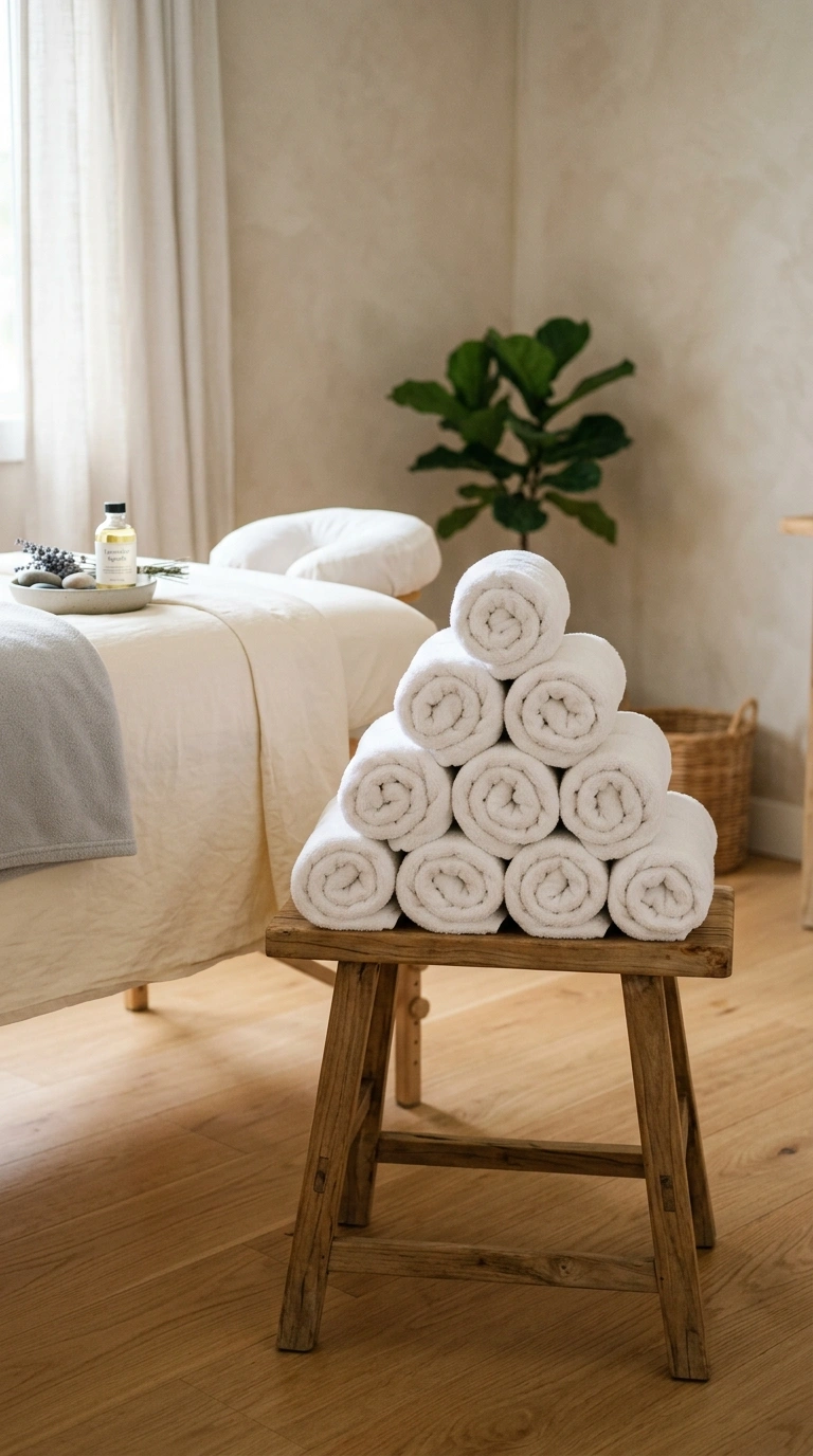 24 Dreamy Massage Room Ideas for Your Own Home Spa 13 012 Rolled Towel Display A neat pyramid of rolled whit