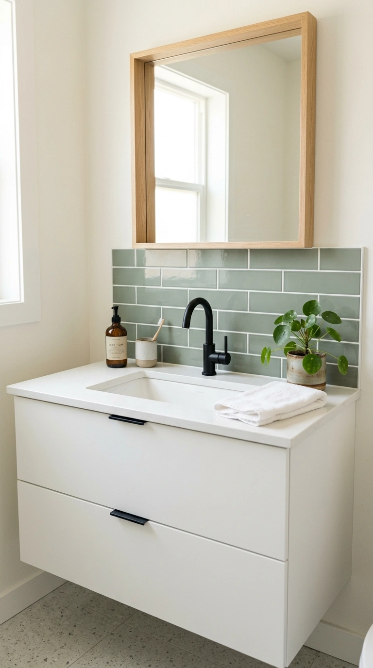 24 Bathroom Backsplash Ideas For Every Budget And Style 13 012 Sage Green Tile A white vanity with glossy muted s