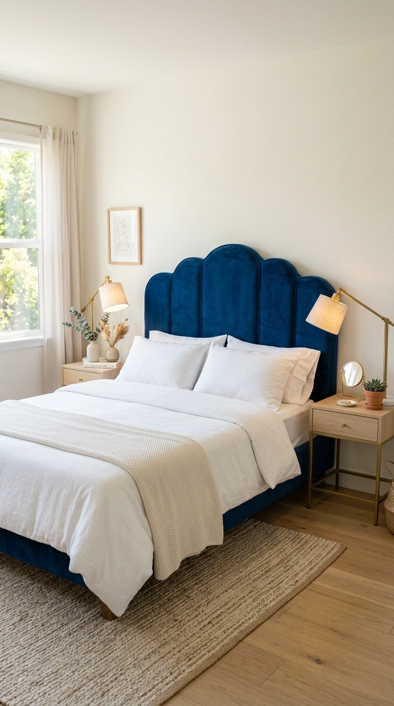15 Modern Art Deco Home Decor Ideas for a Stylish Home 12 012 Scalloped Headboard Bed A bedroom with a sapphire