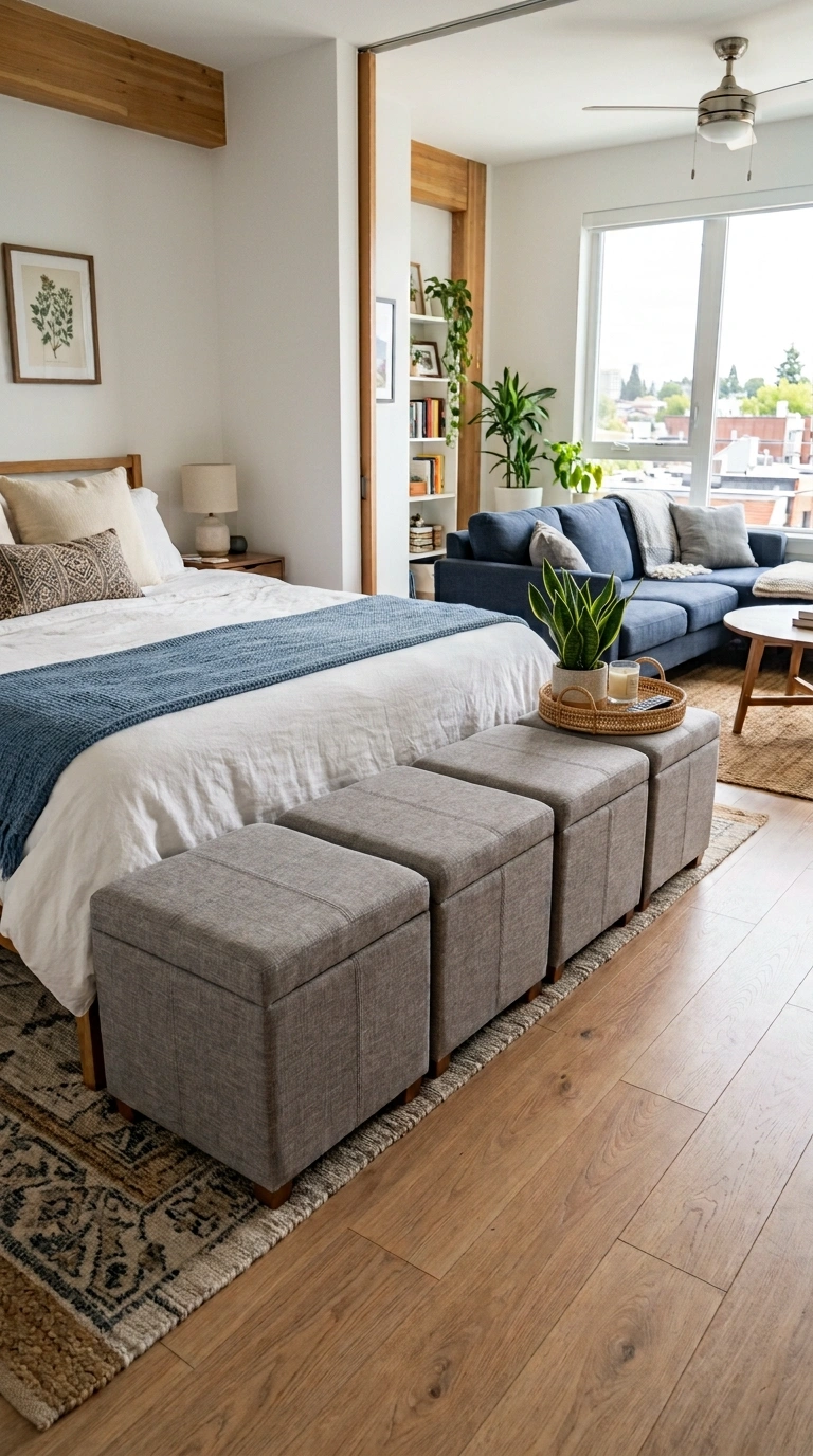 21 Smart Bedroom Divider Ideas for Stylish Studio Apartments 13 012 Storage Ottoman Row A row of matching fabric stora