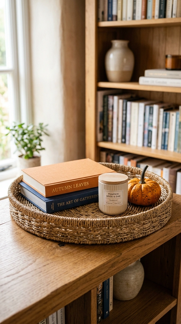 19 Trendy Fall Shelf Decor Ideas for Any Room 13 012 Textured Woven Trays A woven tray on a shelf holdi