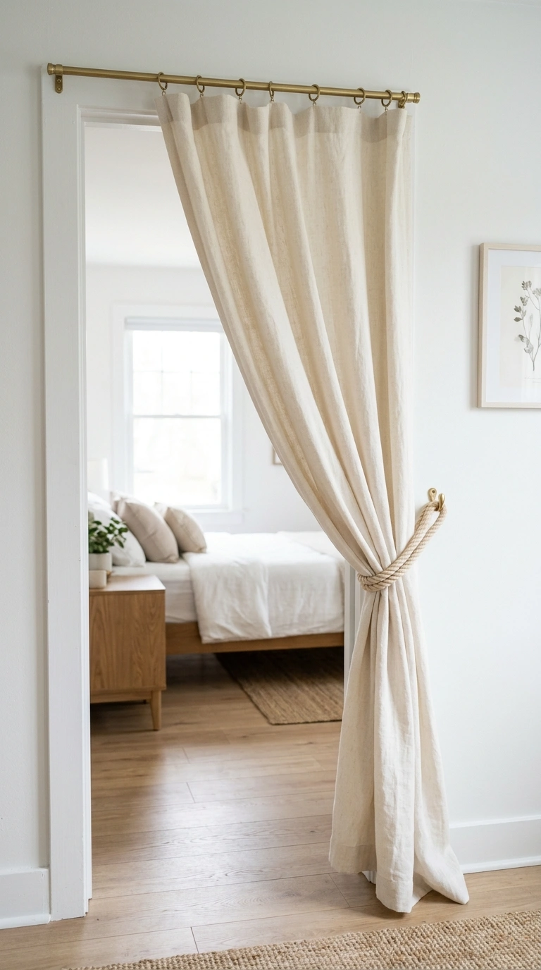 012 Tie Back Styling A cream linen doorway curtain gat