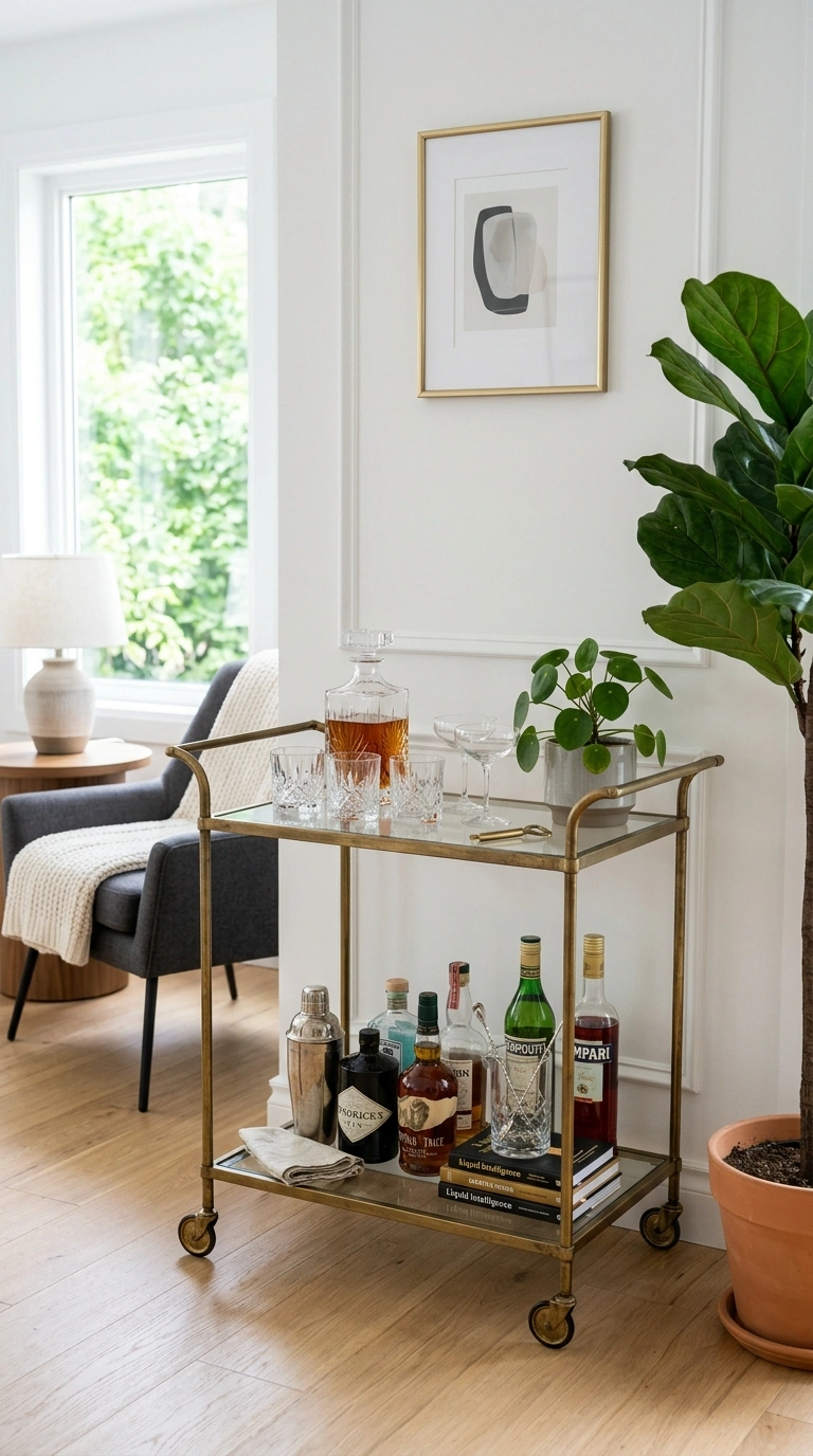 15 Stylish Living Room Trends for 2026 to Inspire Your Next Makeover 13 012 Vintage Brass Bar Cart A living room corner with a