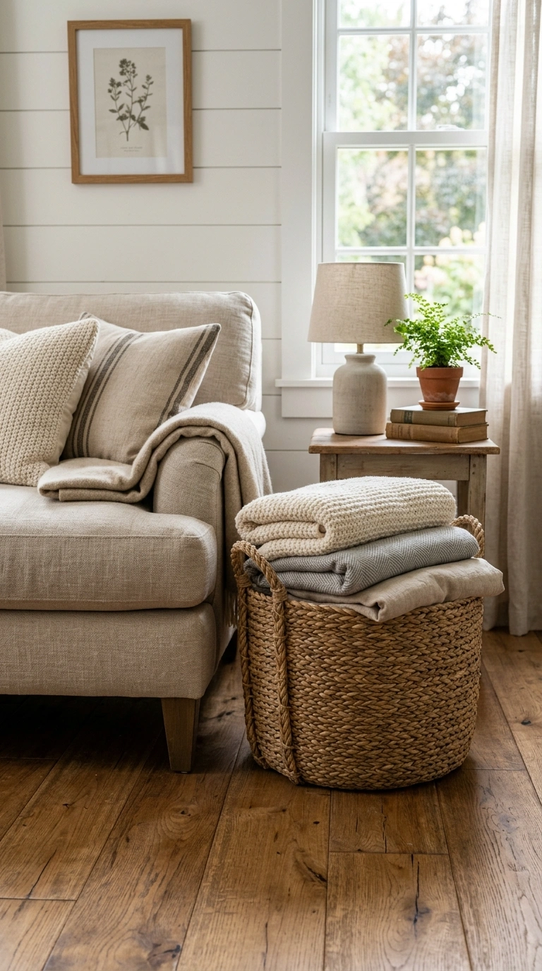 012 Woven Basket Storage A farmhouse living room corne