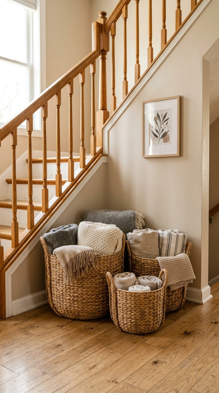 19 Stair Landing Decor Ideas to Make the Most of Your Space 13 012 Woven Basket Storage A stair landing corner with a