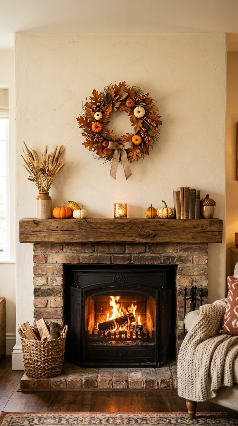 012 Wreath Above Mantel A fireplace mantel with a smal
