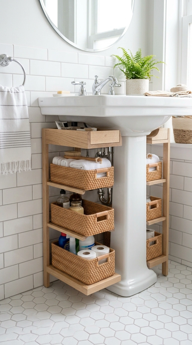 013 13 Under Sink Cabinet A slim cabinet with woven ba