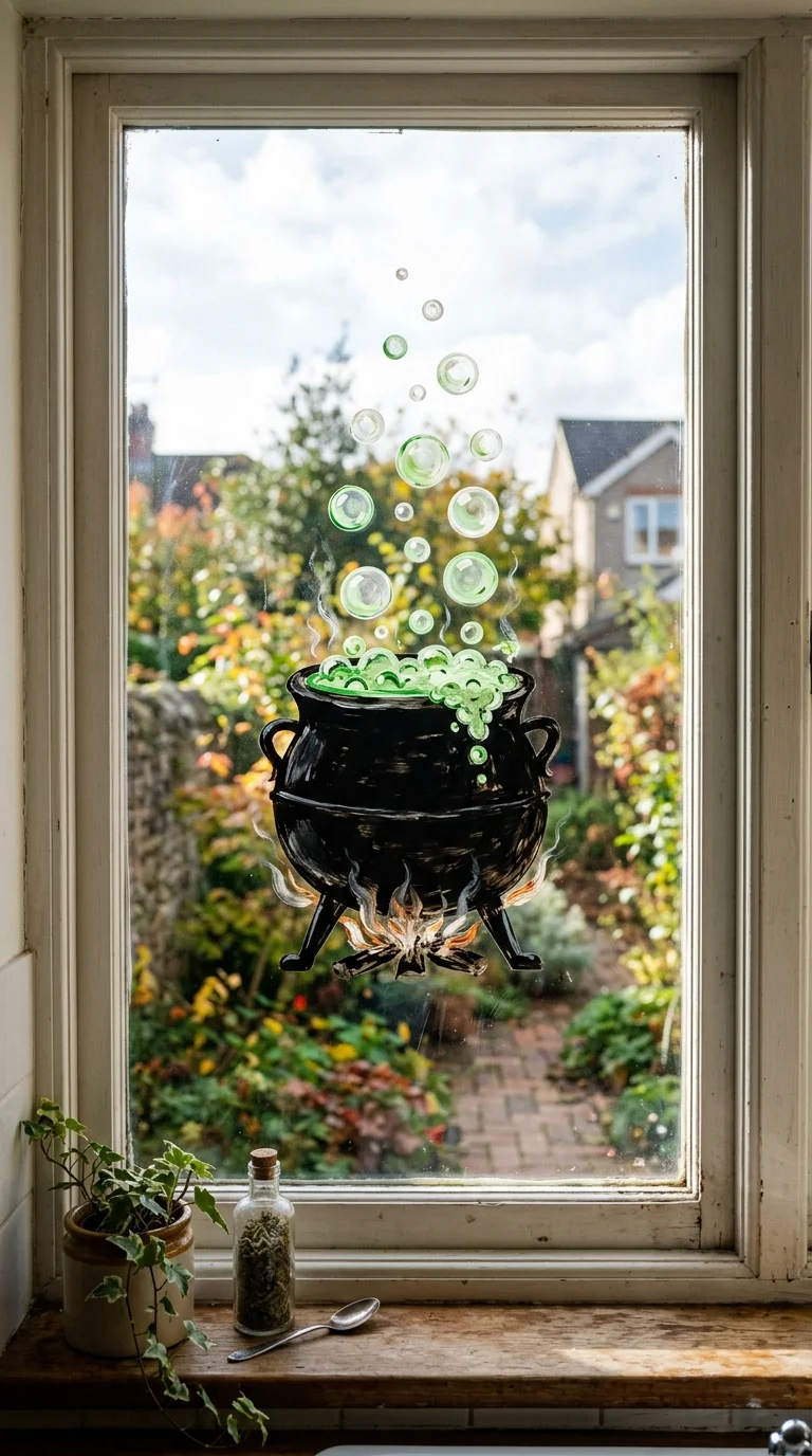 22 Halloween Window Painting Ideas to Make Your Home Stand Out 14 013 13Witchs Cauldron Bubbles A kitchen window painted
