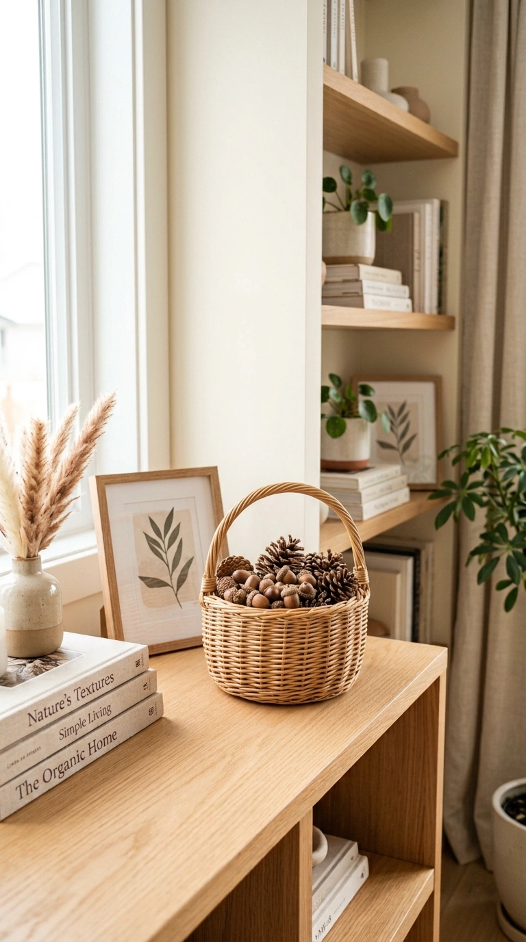 16 Beautiful Fall Basket Ideas to Add Seasonal Charm 14 013 Acorn And Pinecone Basket A bookshelf with a small
